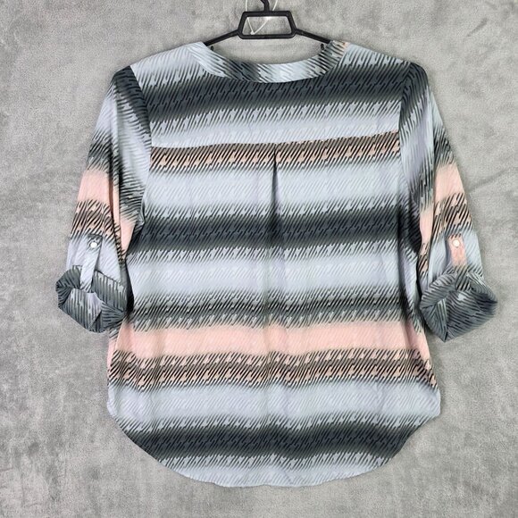 Womens Cato Grey & Pink Striped Blouse Roll-Tab Sleeve 100% Polyester Size XL - Picture 6 of 9